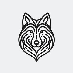 A black and white, line art graphic depiction of a wolf's head.