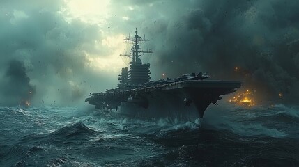 Majestic Aircraft Carrier Surrounded by Stormy Seas and Smoke