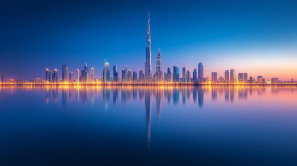 Night Skyline Reflection: A mesmerizing long exposure shot captures a city skyline reflecting in tranquil waters under a twilight sky. Illuminating urban architecture.