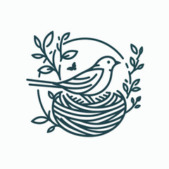 A stylized illustration of a bird resting in its nest, amidst foliage, evoking a sense of nature and tranquility.