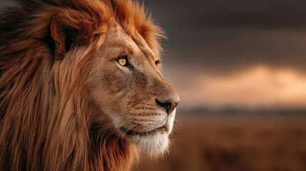 Naklejka premium A lion stands proudly with its mane illuminated by the golden light of sunset. Its intense gaze is focused on the horizon, capturing the essence of wilderness in Africa during dusk