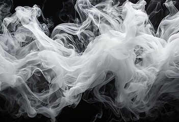 a swirling, ethereal pattern of white smoke gracefully dances against a stark black background, creating a dramatic and abstract composition.