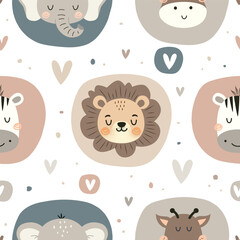 Cute Safari Animals Seamless Pattern for Kids.Childish Cartoon Animals Background. Cute Cartoon lion, Zebra, Giraffe, and Elephant. design for background, wallpaper, fabric, textile and more.