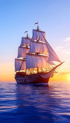 Majestic sailing ship at sunset, full sails, calm ocean