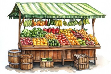 Creative visualization of vendors selling fresh fruits and vegetables in an outdoor market setting.