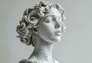 a serene and exquisitely detailed marble bust of a woman with tightly curled hair, eyes closed in peaceful contemplation.
