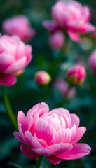 Fototapeta premium abstract floral pink wallpaper, blurred petals of blooming peony, angled photoshot. White tone