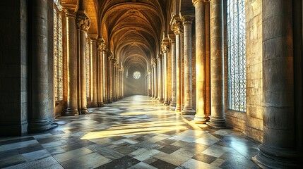 Sunlight illuminating corridor with columns and stained glass windows in gothic cathedral. Ai generative