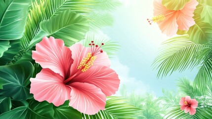 Lush tropical flowers and leaves under a bright sky