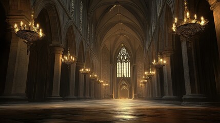 Majestic cathedral interior with illuminated chandeliers and stained glass window. Ai generative