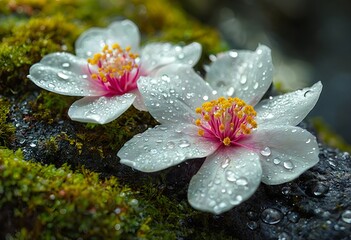 delicate white blossoms adorned with glistening raindrops bloom against a backdrop of vibrant green moss.
