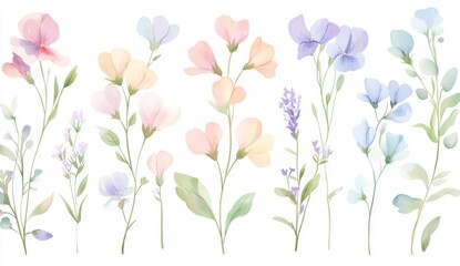 Pastel Watercolor Flower Painting Delicate Blossoms and Soft Hues on White