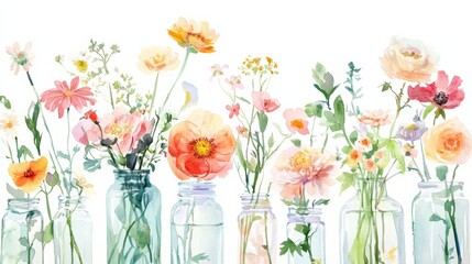 cute watercolor floral bouquet, each featuring various types and colors of flowers in vases or mason jars against the white background.