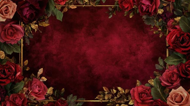 Romantic rose border on deep burgundy backdrop