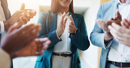 Office, happy and hands of business people with applause for teamwork, collaboration and...