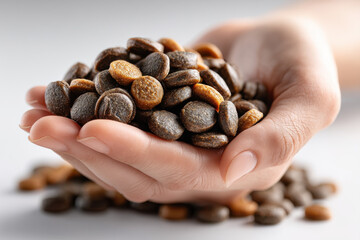 hand holding pile of dark roasted coffee beans, showcasing their rich texture and color. image evokes sense of warmth and comfort associated with coffee culture