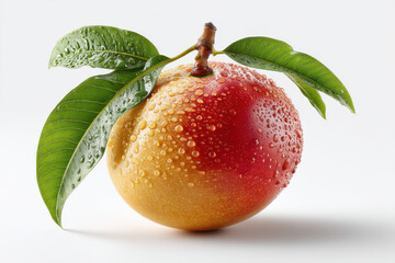 realistic photograph of complete mango with droplets of water on its surface, showcasing its vibrant colors and fresh appearance, evokes sense of natural beauty and freshness