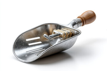 realistic photograph of complete metal scoop featuring wooden handle, showcasing its shiny surface and functional design. This captures essence of quality craftsmanship and utility
