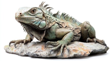 Fototapeta premium Green iguana perched on rock, isolated.