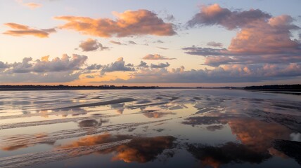 Fototapeta premium A serene and picturesque landscape featuring a body of water reflecting the vibrant hues of a colorful sunset sky. The water is calm and tranquil, with a mirror-like surface that reflects the clouds.