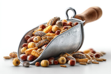 realistic photograph of metal scoop filled with various seeds and nuts, showcasing vibrant mix of colors and textures. image evokes sense of abundance and natural beauty