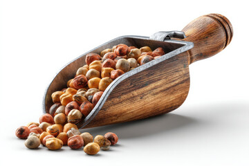 realistic photograph of wooden scoop filled with various nuts, showcasing mix of colors and textures. image captures natural beauty and detail of nuts, evoking sense of freshness and quality