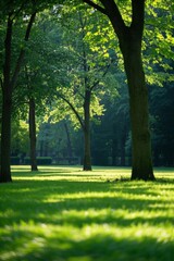 Fototapeta premium trees in a park with green grass and a bench