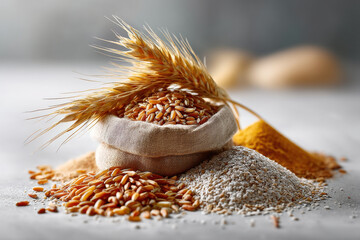 realistic photograph of various grains including wheat, oats, and spices, beautifully arranged with natural background, evoking sense of warmth and nourishment