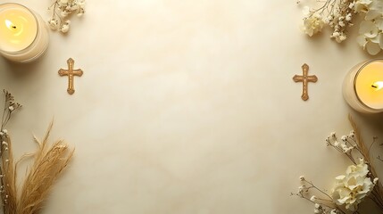 Burning candles with crosses, and flowers.