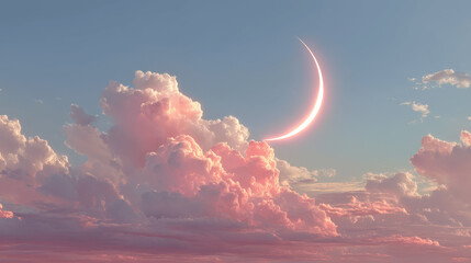 Twilight highlights a crescent moon faintly glowing amidst fluffy pink clouds. The sky transitions from day to night, creating a calming, dreamy atmosphere