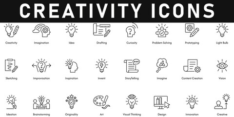 Creativity Icons vector illustration with thin line editable stroke containing innovation, brainstorming, vision, storytelling, prototyping, idea, imagination, design, inspiration, originality, art.