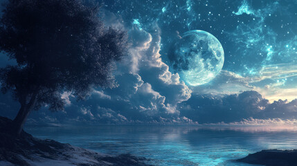 Serene night landscape with full moon illuminating a tranquil ocean scene amid dramatic sky filled with clouds and cosmic stars, peaceful nature view