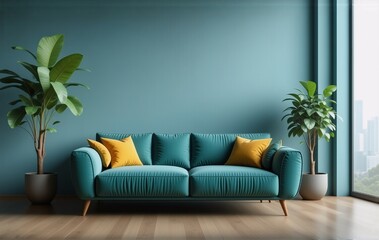 Teal velvet sofa with yellow pillows sits against a teal wall, flanked by potted plants.  Large window offers city view. Modern minimalist interior design.