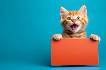 Pet holding signboard. Minimalist ad creature. Ð¡ute cat serengeti hold in front paws a layout - large red road sign. Pet ad layout. Isolated baby cat on a solid apparel rblue background.