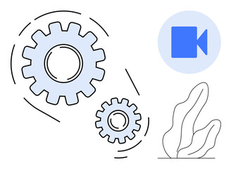 Interlocking gears, blue video icon, and abstract plant shape symbolizing collaboration, process optimization, digital tools. Ideal for productivity, automation, media, tech eco-efficiency
