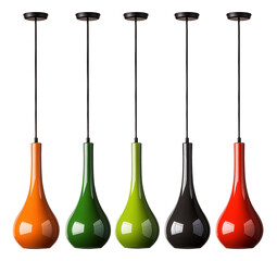 Naklejka premium Set of five colorful pendant lights in orange, green, lime, black, and red.