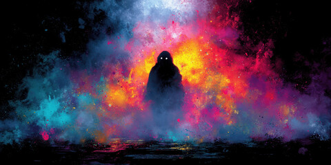 Fototapeta premium A shadowy figure stands amid a vibrant explosion of colors, with glowing eyes peering through a cloud of neon hues. The setting feels surreal and dreamlike, creating a sense of intrigue