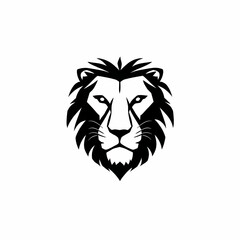 Fototapeta premium A bold black and white illustration of a lion's head with a prominent mane, facing forward with a serious expression.