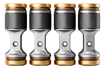 Four metallic couplings with gold and silver accents arranged in a row.