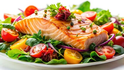 Macro Photography: Healthy Salmon Salad, Nutritious Food, Delicious Meal, White Background