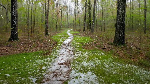 Peaceful Forest Path Covered with White Snowlike Hail Amidst Lush Green Foliage in a Serene Natural Setting