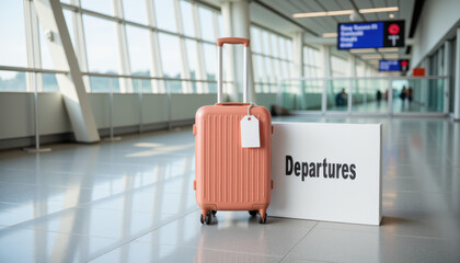 Coral suitcase beside departures sign in bright airport terminal, travel excitement