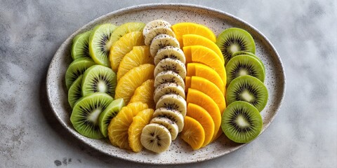 Fresh fruit slices in neat layout on ceramic plate