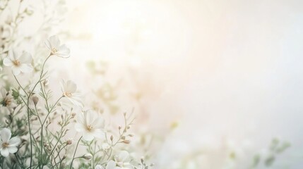 Delicate white flowers in soft focus, sunlit background