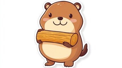 Naklejka premium Cute cartoon woodchuck holding a log.