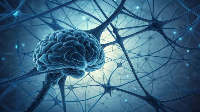 A close-up view of a brain interconnected with neurons, showcasing intricate neural networks in a blue-toned digital art style.