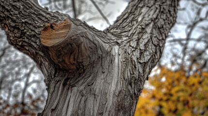 Obraz premium The tree trunk displays unique patterns and textures, showcasing a weathered look. Colorful autumn leaves surround it, creating a serene natural setting