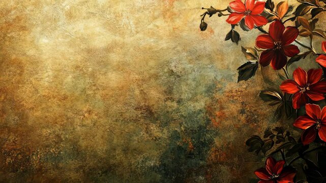 Rich textured background with vibrant red flowers, artistically painted, creating a vintage aesthetic