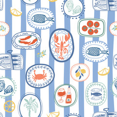 Blue striped Mediterranean summer seamless pattern. Cute Italian cuisine, lobster, crab, sardine, wine, tomatoes in postage stamps or plates. Vector repeat background, textile design, wallpaper print