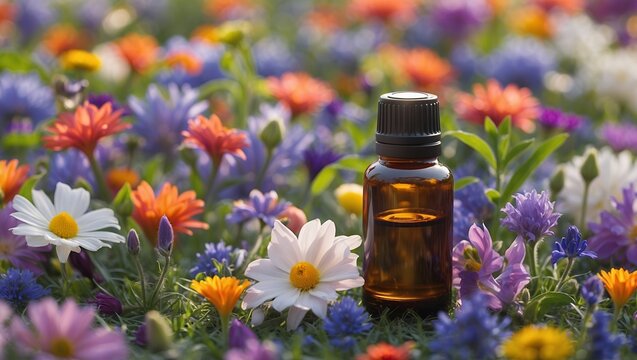 Aromatic elixir surrounded by vibrant floral beauty